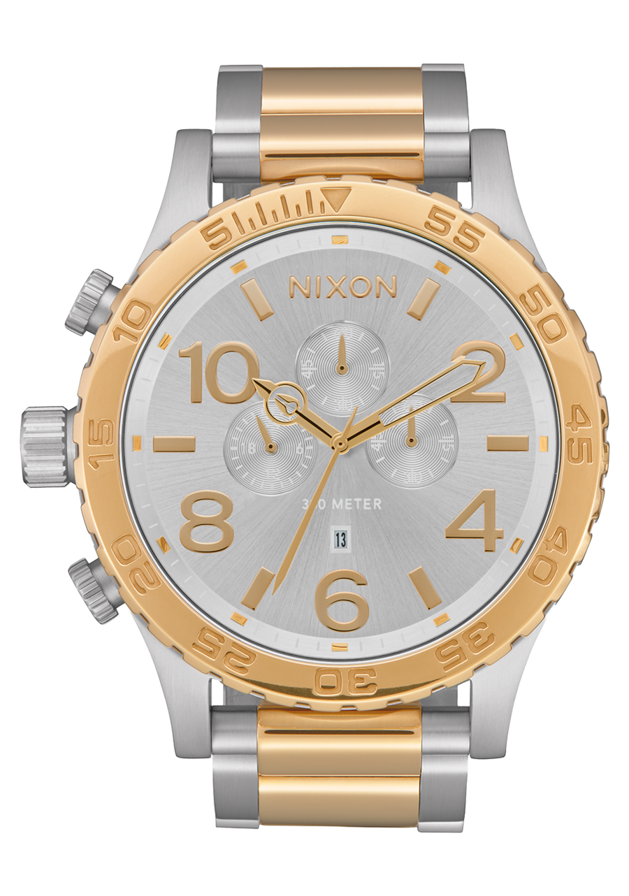 Nixon Relógio masculino 51-30 Chrono. 100 m resistente à água (mostrador do relógio GG 51 mm/pulseira de aço inoxidável de 25 mm), Alto polimento/branco, us Nixon Relógio masculino 51-30 Chrono. 100 m resistente à água (mostrador do relógio GG 51 mm/pulseira de aço inoxidável de 25 mm), Alto polimento/branco, us