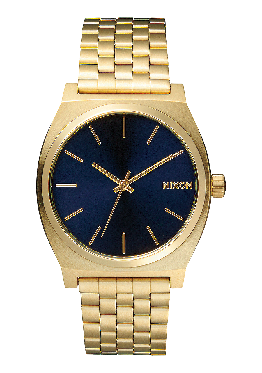 Nixon men's watch with cobalt blue dial and gold plated case and bracelet