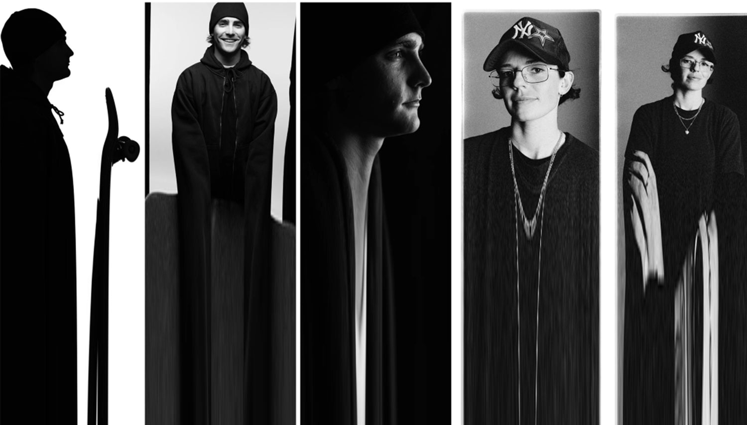 A black and white collage features four individuals, including a skateboarder silhouette, a smiling man in a beanie, a man's profile, and a woman in glasses and a Yankees cap.