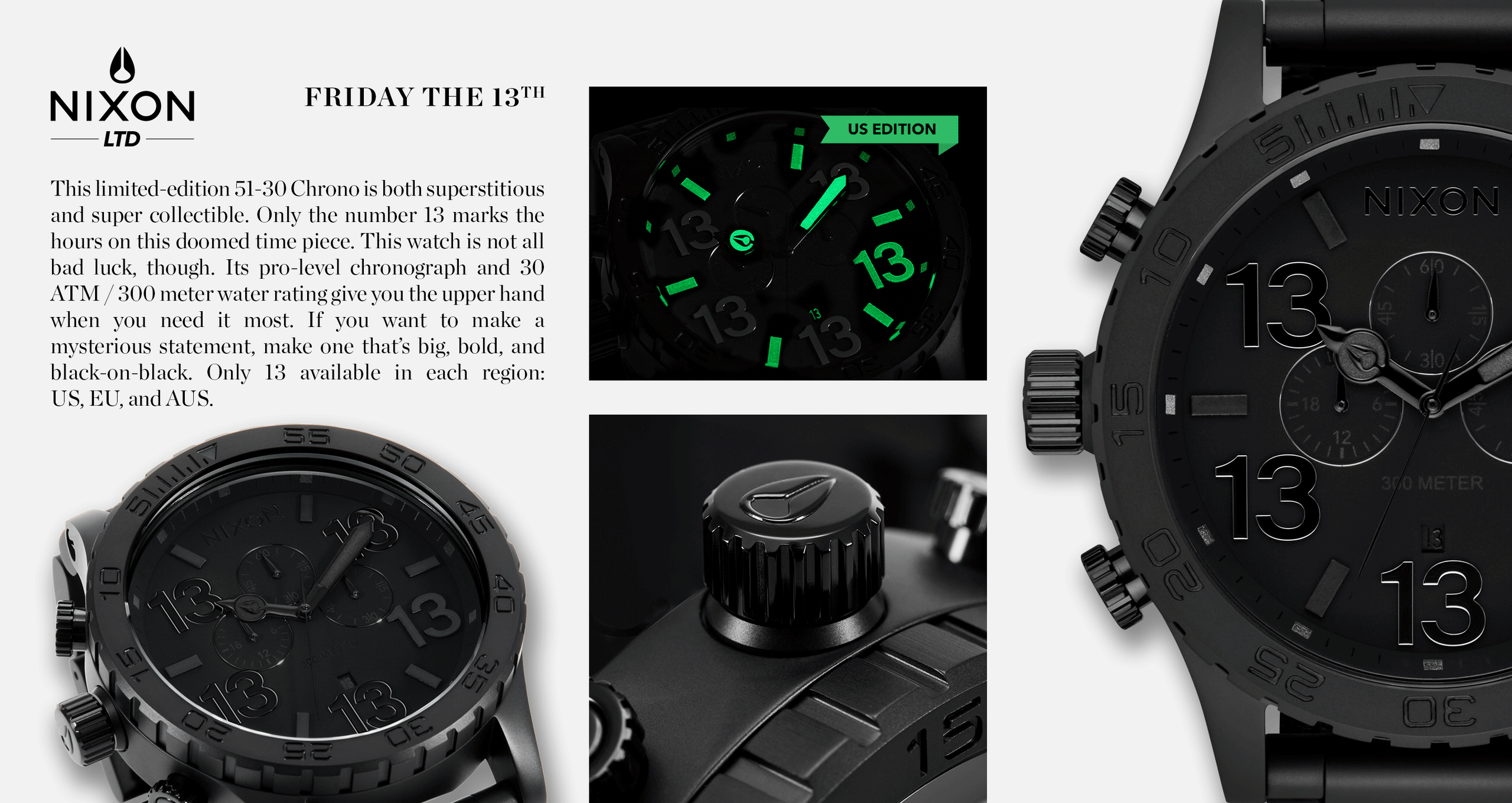 Promotional gif showcasing the Nixon 51-30 Chrono Friday the 13th edition